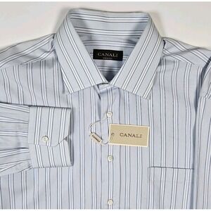 Canali Dress Shirt Button Down 43 17 Blue Striped 100% Cotton NEW XL